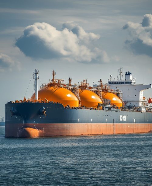 A large LNG tanker ship sails on calm waters, showcasing the vital role of liquefied natural gas in global energy transportation. The ship's towering tanks symbolize efficiency, power, and the seamless flow of resources across continents.